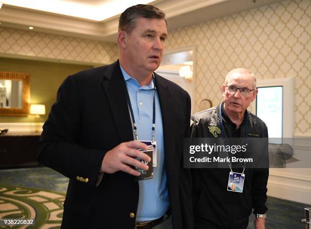 Jacksonville Jaguars head coach Doug Marrone and Executive Vice President of Football Operations Tom Coughlin head to a meeting during the 2018 NFL...