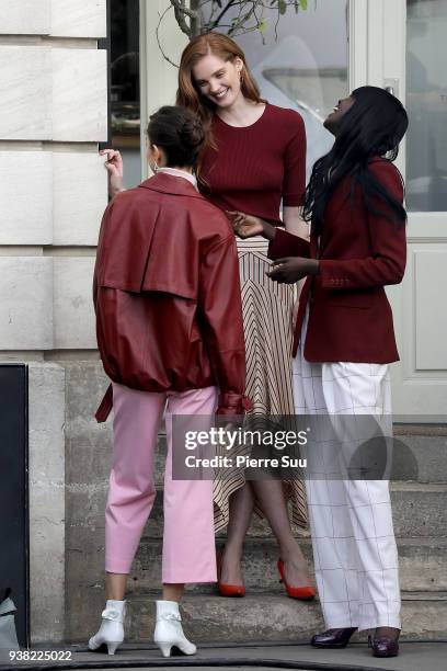 Models Alexina Graham , Luma Grothe , and Duckie Thot are seen on the set of new 'L'Oreal' shooting at 'Broken Arm Cafe' on March 26, 2018 in Paris,...