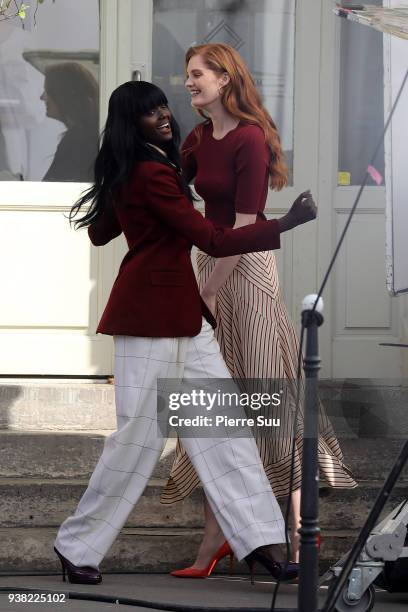 Models Duckie Thot, Alexina Graham arrives on the set of new 'L'Oreal' shooting at 'Broken Arm Cafe' on March 26, 2018 in Paris, France.