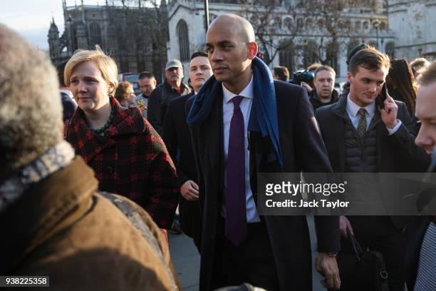 British Labour politicians Stella Creasy and Chuka Umunna leave after attending a demonstration in Parliament Square against anti-Semitism in the...