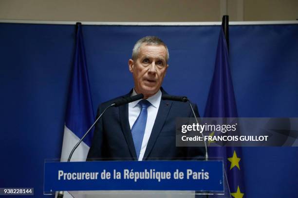 Paris prosecutor Francois Molins speaks during a press conference at Paris court house on March 26, 2018 following a jihadist gunman's attacks on...