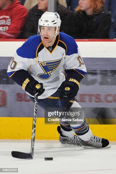 Forward Andy McDonald of the St. Louis Blues skates with the puck against the Columbus Blue Jackets on November 30, 2009 at Nationwide Arena in...