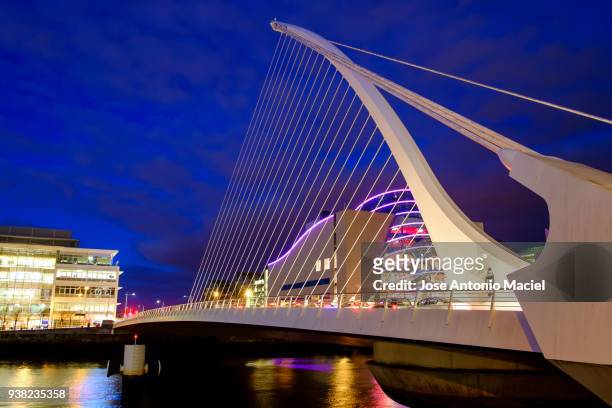 samuel beckett bridge and dusk sky - convention centre dublin stock pictures, royalty-free photos & images