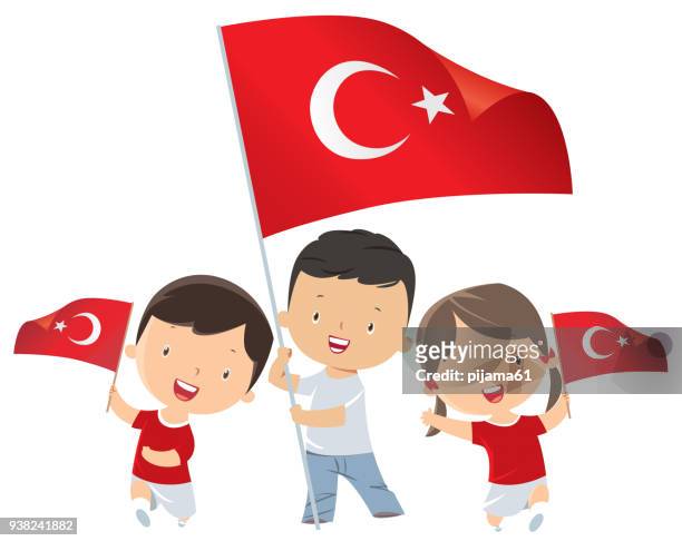 ilustrações, clipart, desenhos animados e ícones de crianças, segurando a bandeira da turquia - abril