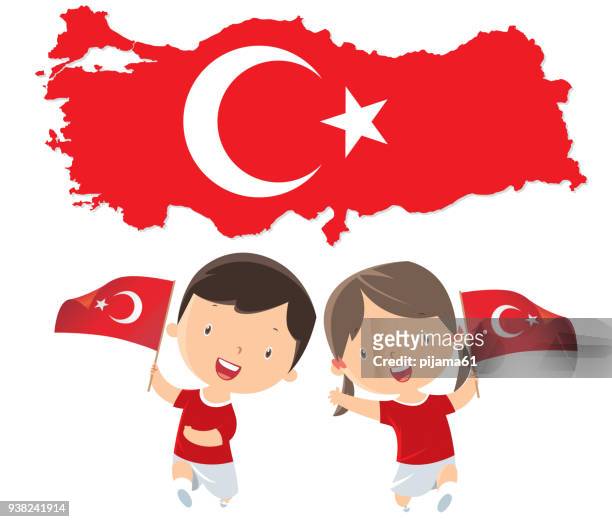ilustrações de stock, clip art, desenhos animados e ícones de children with turkey flags - april