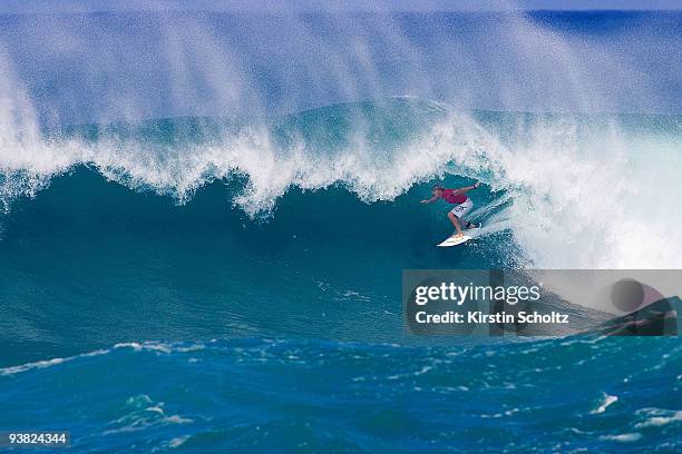 Bede Durbidge of Australia surfs to victory during his round of 64 heat at the O' Neill World Cup of Surfing on December 3, 2009 in Sunset Beach,...