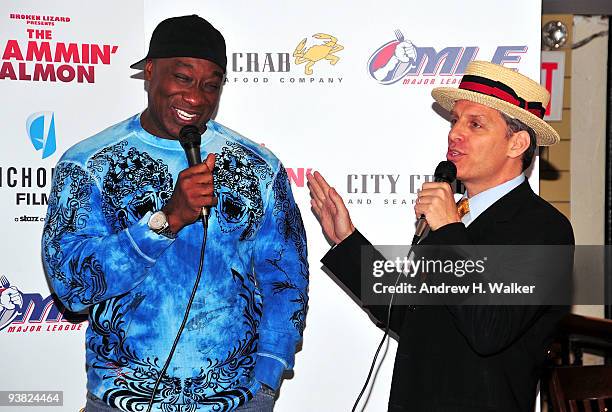 Actor Michael Clarke Duncan and Chairman of Major League Eating George Shea talk at the seafood eating contest for "The Slammin' Salmon" film release...