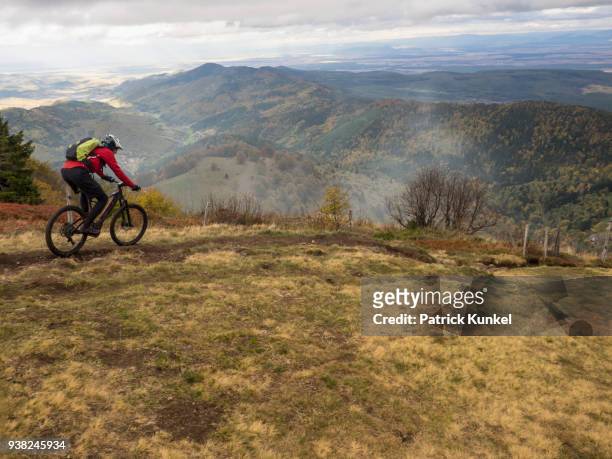 man riding electric mountain bike on cycling tour, vosges, france - ruhige szene bildbanksfoton och bilder