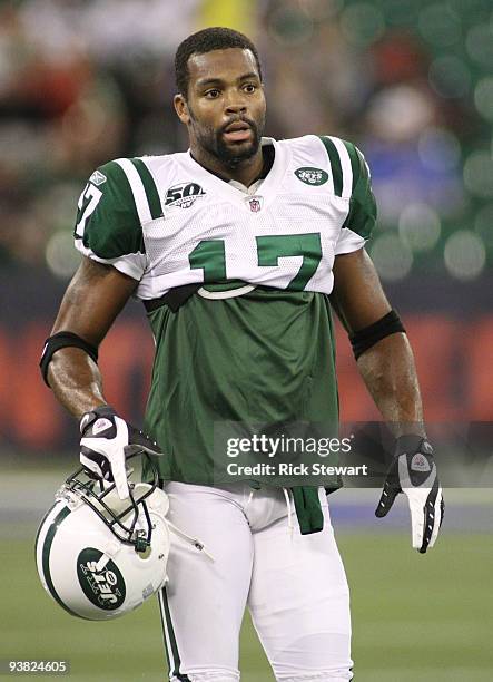 Braylon Edwards of the New York Jets looks on during warm ups against the Buffalo Bills at Rogers Centre on December 3, 2009 in Toronto, Canada.