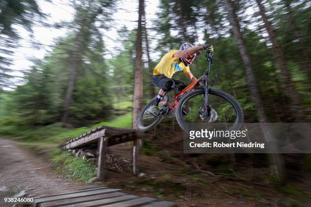 mountain biker jumping with speed on forest path, trentino-alto adige, italy - sorglos fotografías e imágenes de stock