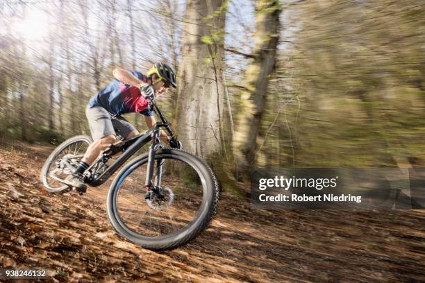 mountain biker riding down hill on forest path, bavaria, germany - mann herbst stockfoto's en -beelden