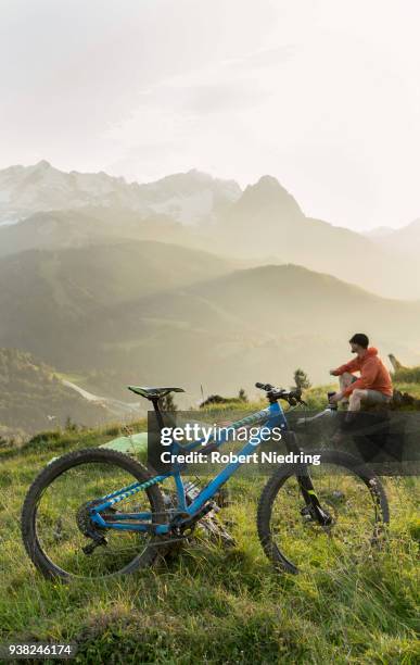 mountain biker taking a break admiring scenic mountain view, bavaria, germany - anhöhe stockfoto's en -beelden