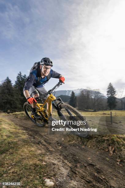 mountain biker riding down hill on single track, bavaria, germany - fahrrad fahren stockfoto's en -beelden