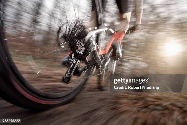 low section of mountain biker speeding on forest track, bavaria, germany - herausforderung photos et images de collection