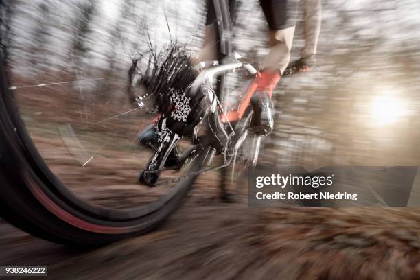 low section of mountain biker speeding on forest track, bavaria, germany - hochgefühl ストックフォトと画像