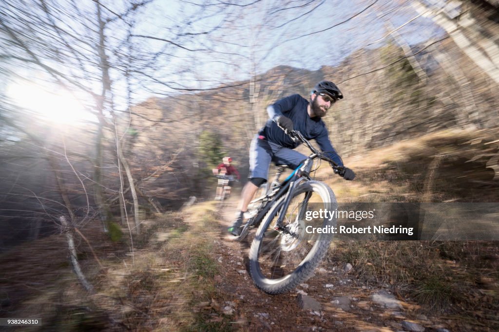 Mountain bikers riding downhill in alpine landscape, Trentino, Italy