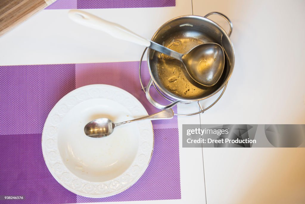 Empty pot and soup plate on a table after lunch