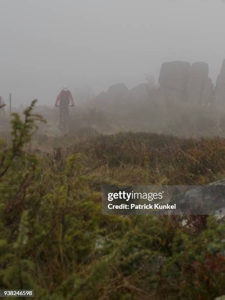 man riding electric mountain bike on single trail, vosges, france - draussen stock pictures, royalty-free photos & images