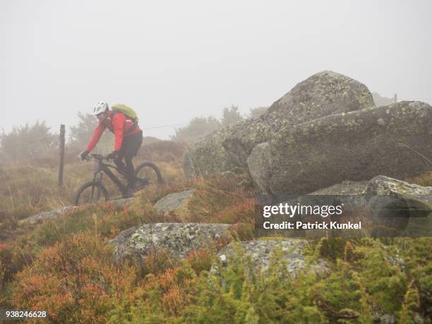 man riding electric mountain bike on single trail, vosges, france - ruhige szene 個照片及圖片檔