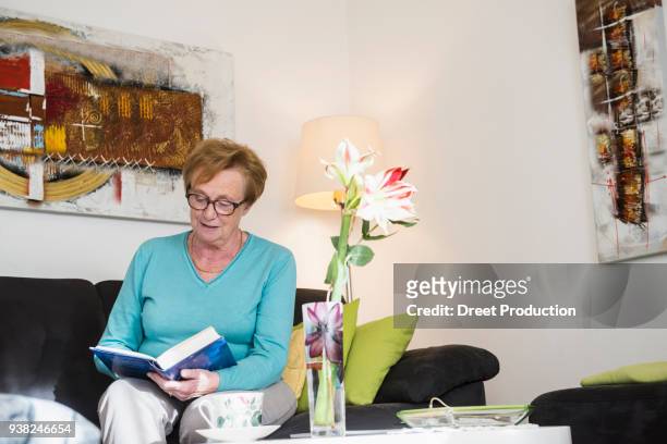 old woman sitting on sofa reading a book - kissen stock pictures, royalty-free photos & images