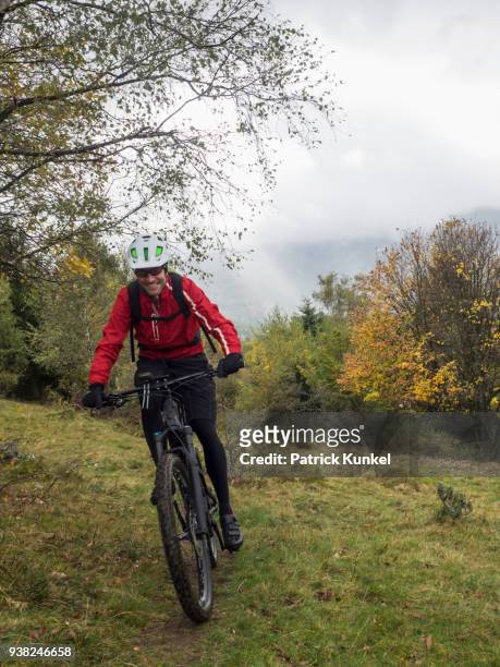 man riding electric mountain bike on single trail, vosges, france - fahrrad fahren stockfoto's en -beelden