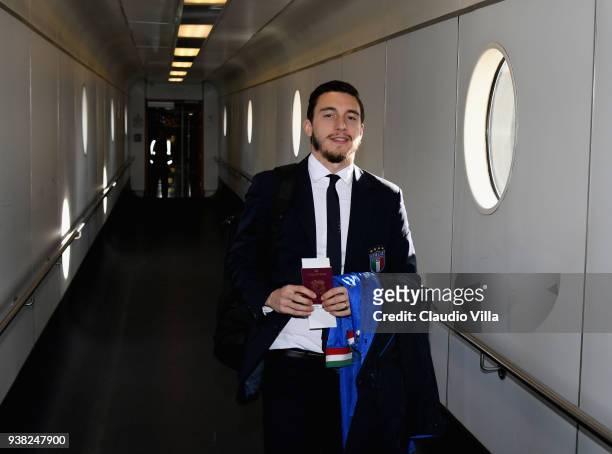 Matteo Darmian of Italy arrives inLondon on March 26, 2018 in London, England.