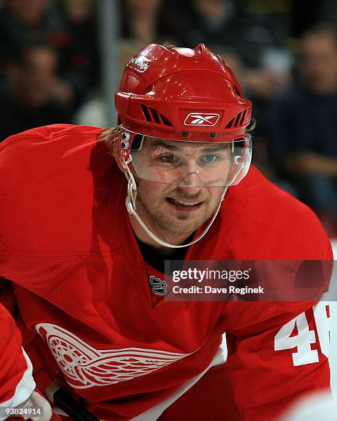 Jakub Kindl of the Detroit Red Wings prepares for a face-off during his first NHL season game against the Edmonton Oilers at Joe Louis Arena on...