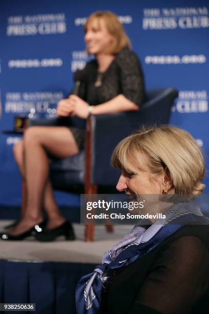 Mary Gen Ledecky listens to her daughter, five-time Olympic gold medalist Katie Ledecky, announce that she will become a professional swimmer during...