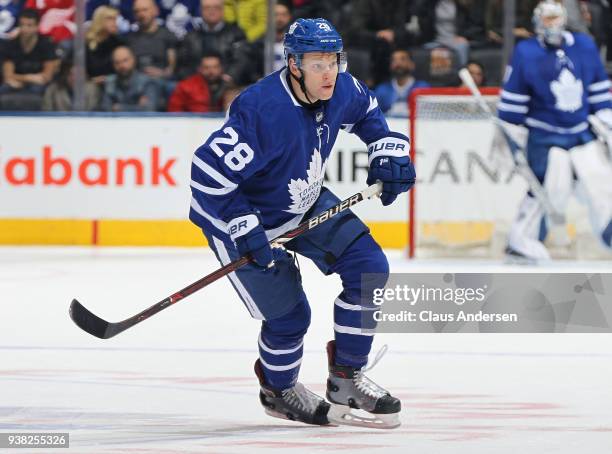 Connor Brown of the Toronto Maple Leafs skates against the Detroit Red Wings during an NHL game at the Air Canada Centre on March 24, 2018 in...