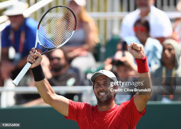 Fernando Verdasco of Spain celebrates a point against Thanasi Kokkinakis of Australia in their third round match during the Miami Open Presented by...