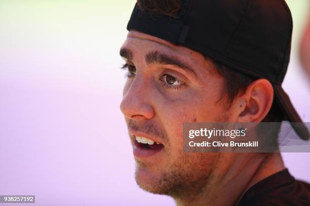 Thanasi Kokkinakis of Australia shows his emotion against Fernando Verdasco of Spain in their third round match during the Miami Open Presented by...