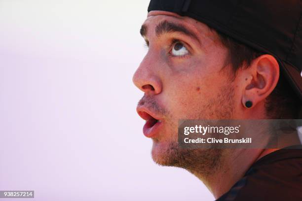 Thanasi Kokkinakis of Australia shows his emotion against Fernando Verdasco of Spain in their third round match during the Miami Open Presented by...