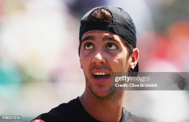 Thanasi Kokkinakis of Australia shows his emotion against Fernando Verdasco of Spain in their third round match during the Miami Open Presented by...