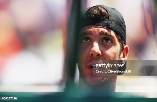 Thanasi Kokkinakis of Australia complains to the umpire as he plays against Fernando Verdasco of Spain in their third round match during the Miami...