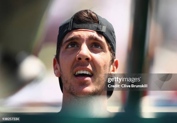 Thanasi Kokkinakis of Australia complains to the umpire as he plays against Fernando Verdasco of Spain in their third round match during the Miami...