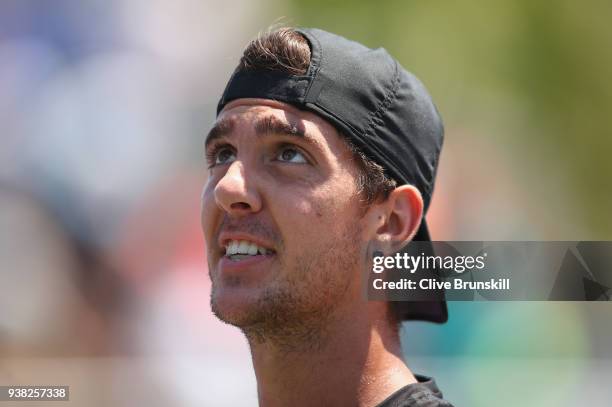 Thanasi Kokkinakis of Australia complains to the umpire as he plays against Fernando Verdasco of Spain in their third round match during the Miami...