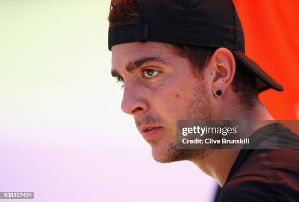 Thanasi Kokkinakis of Australia during the change of ends against Fernando Verdasco of Spain in their third round match during the Miami Open...