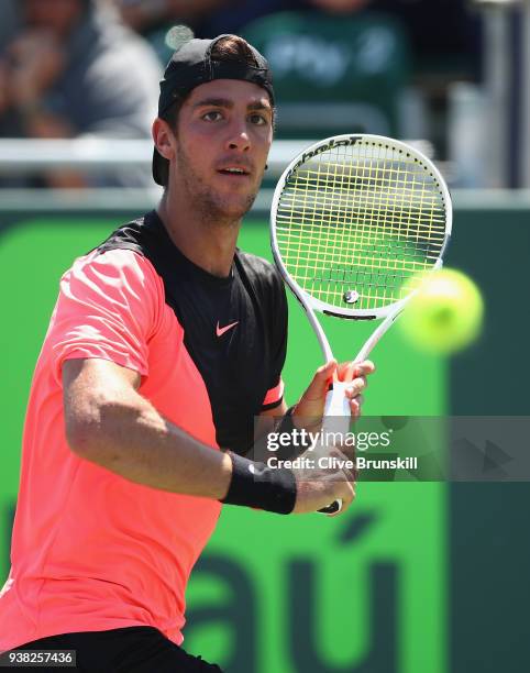 Thanasi Kokkinakis of Australia plays a backhand against Fernando Verdasco of Spain in their third round match during the Miami Open Presented by...