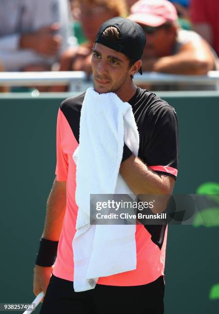 Thanasi Kokkinakis of Australia shows his dejection against Fernando Verdasco of Spain in their third round match during the Miami Open Presented by...