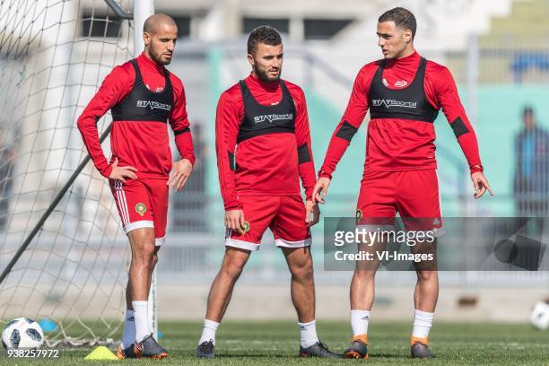 Karim El Ahmadi of Morocco, Zakaria Labyad of Morocco, Sofyan Amrabat of Morocco during a training session prior to the International friendly match...