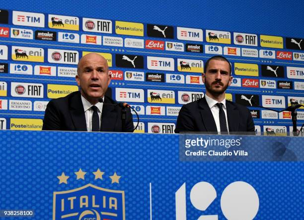 Head coach Italy Luigi Di Biagio and Leonardo Bonucci of Italy speak with the media during a press conference at Wembley Stadium on March 26, 2018 in...
