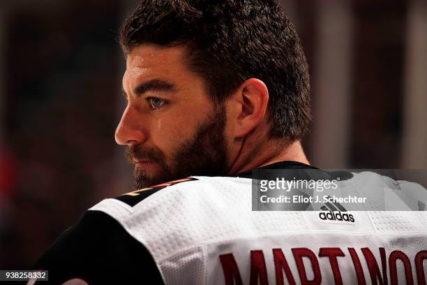 Jordan Martinook of the Arizona Coyotes warms up on the ice prior to the start of the game against the Florida Panthers at the BB&T Center on March...