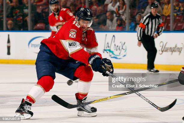 Aleksander Barkov of the Florida Panthers skates with the puck against the Arizona Coyotes at the BB&T Center on March 24, 2018 in Sunrise, Florida....