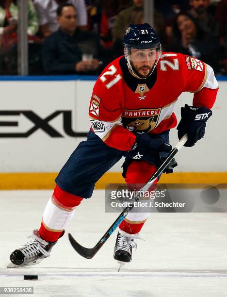 Vincent Trocheck of the Florida Panthers skates with the puck against the Arizona Coyotes at the BB&T Center on March 24, 2018 in Sunrise, Florida....