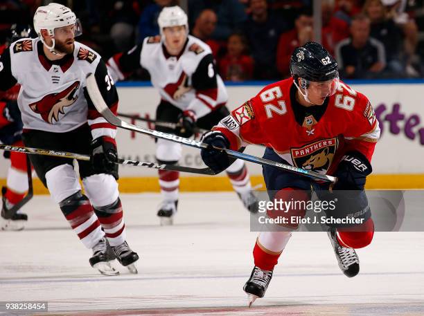 Denis Malgin of the Florida Panthers skates for position against the Arizona Coyotes at the BB&T Center on March 24, 2018 in Sunrise, Florida. Denis...