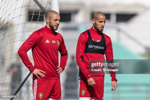 Nordin Amrabat of Morocco, Karim El Ahmadi of Morocco during a training session prior to the International friendly match between Morocco and...