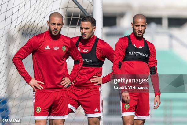 Nordin Amrabat of Morocco, Sofyan Amrabat of Morocco, Karim El Ahmadi of Morocco during a training session prior to the International friendly match...