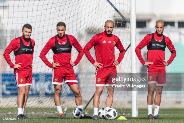 Zakaria Labyad of Morocco, Sofyan Amrabat of Morocco, Nordin Amrabat of Morocco, Karim El Ahmadi of Morocco during a training session prior to the...