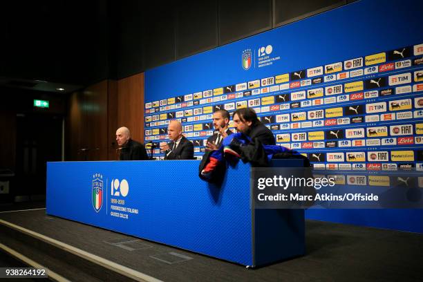 Italy head coach Luigi Di Biagio and Leonardo Bonucci during a press conference on the eve of their International Friendly against England at Wembley...