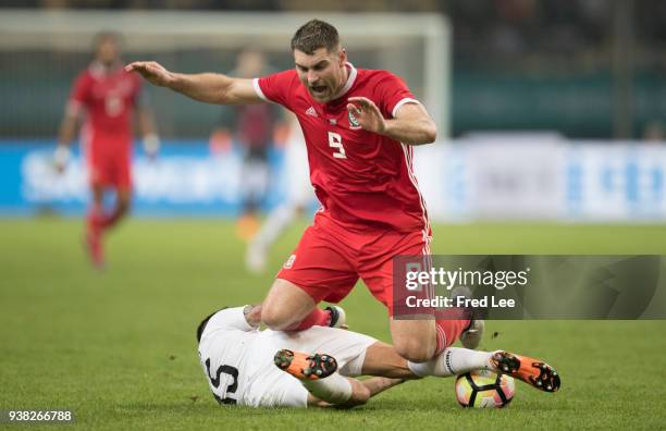 Sam Vokes of Wales in action during 2018 China Cup International Football Championship between Wales and Uruguay at Guangxi Sports Center on March...